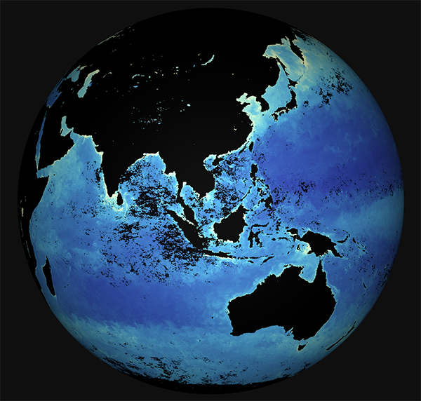 Image showing Chlorophyll Concentration for October 2020 on a spherical projection.