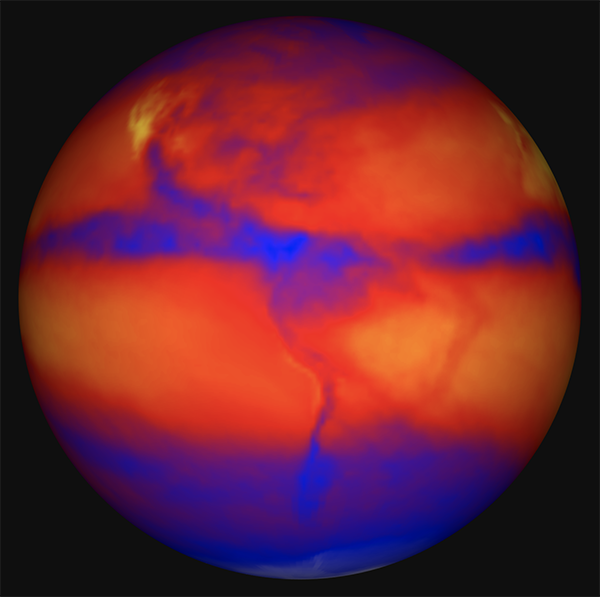 Image showing Outgoing Longwave Radiation for July 2020 on a spherical projection.